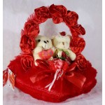 Red Satin Rose Handle Heart with Love Couple Teddy Bears